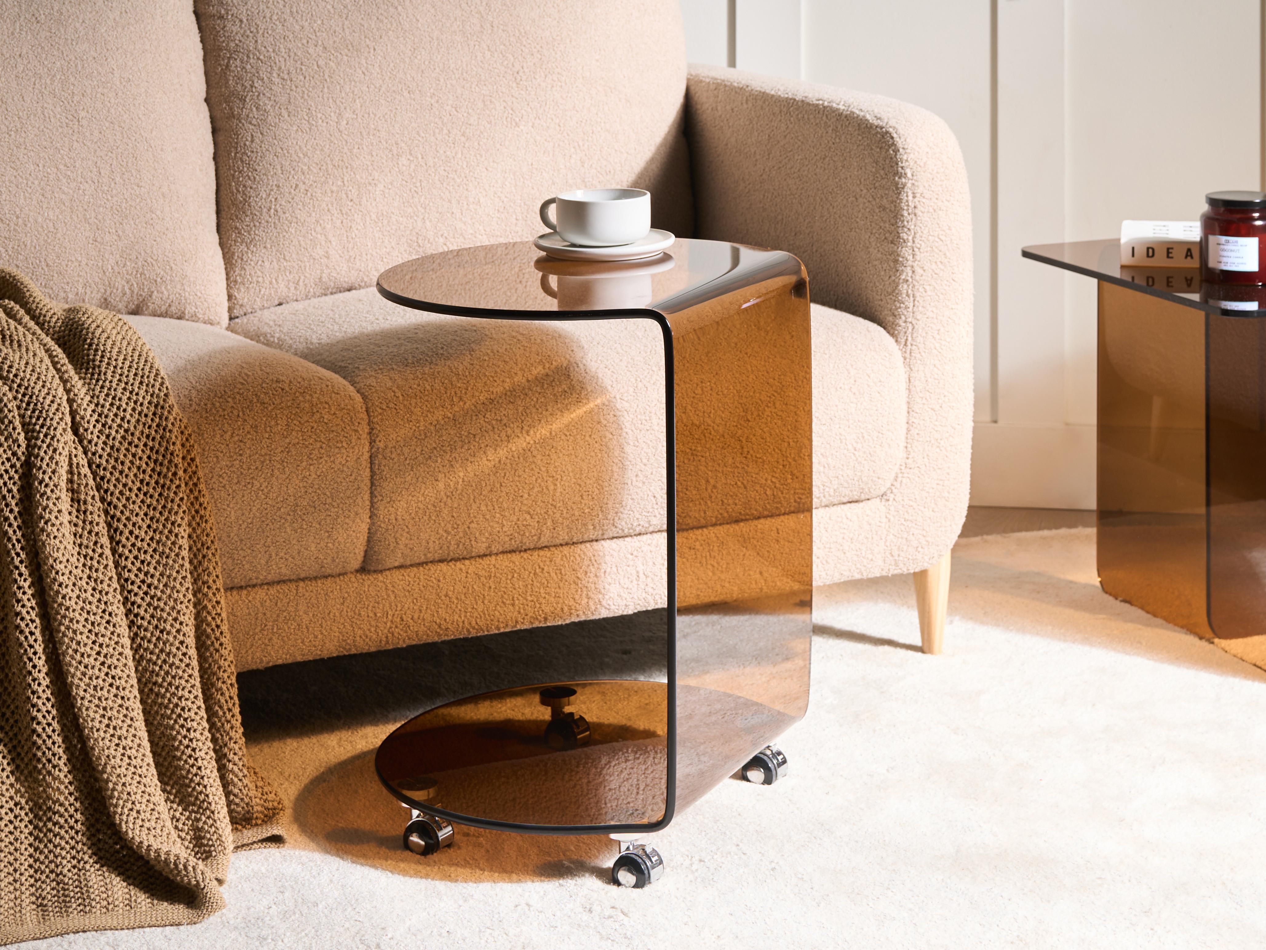 Side Table MINTO Tempered Glass Brown with Wheels