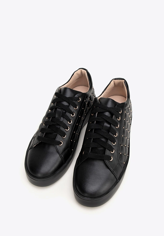 Damskie sneakersy skórzane z pikowaną cholewką czarne