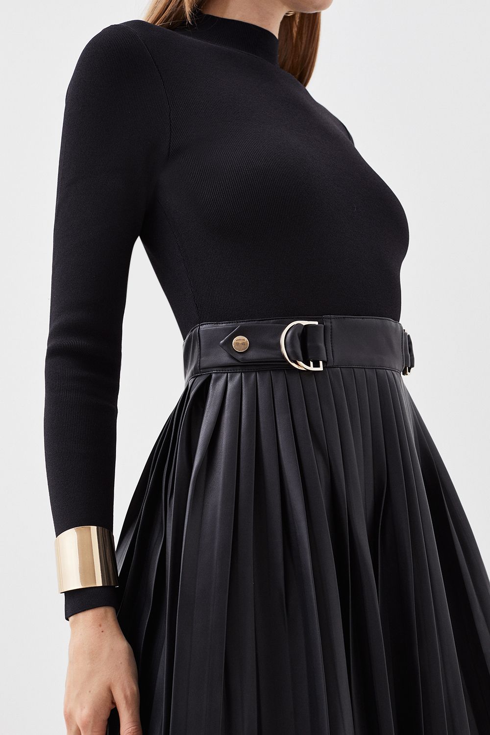 KarenMillen Knitted Skater Dress With Pu Detailing