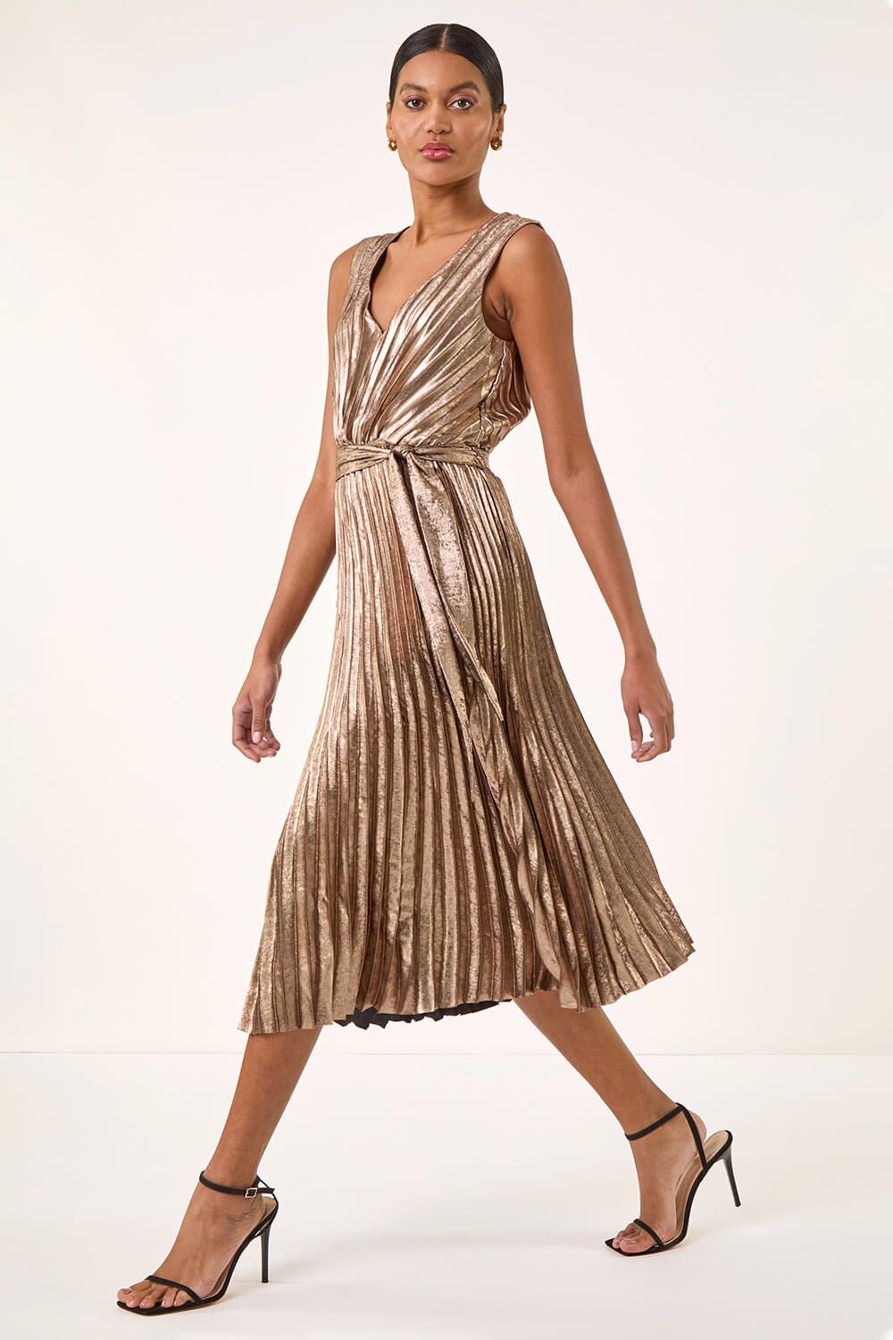 Roman Metallic Pleat Belted Midi Dress