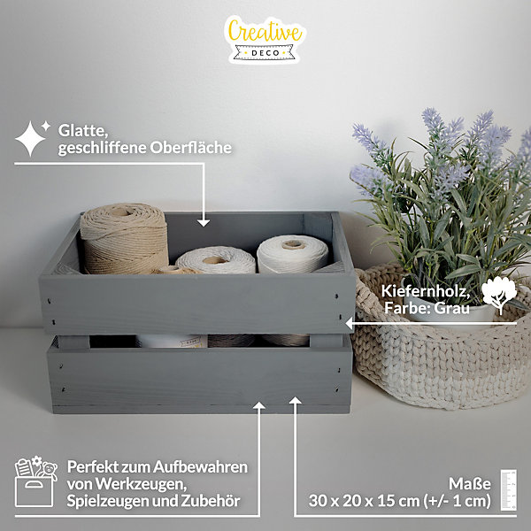 Creative DecoLot de 3 Caisse en Bois Gris 30 x 20 x 15 cm - Caisse Rangement Bois - Caisse en Bois Vintage - Cagette Bois Deco