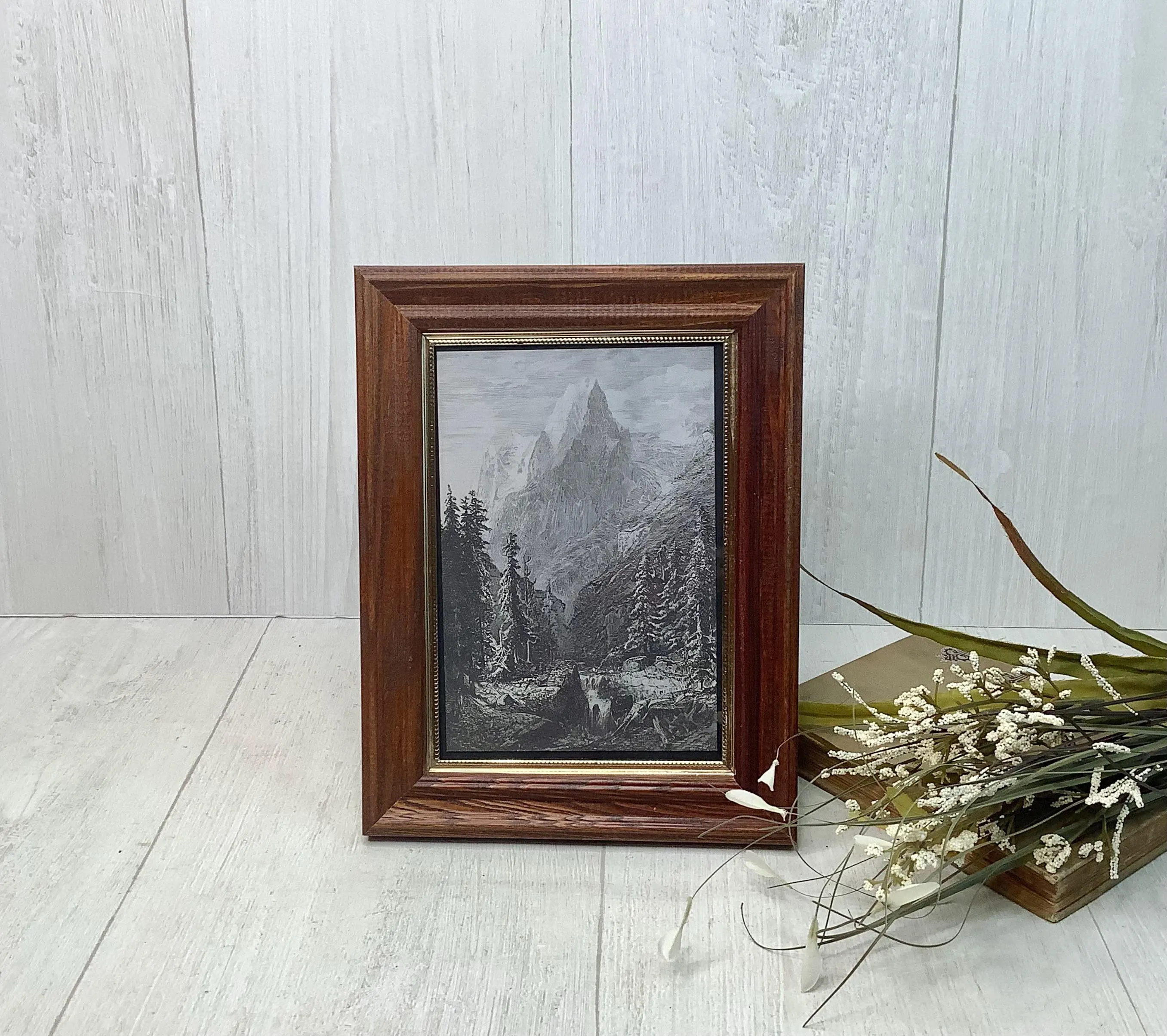 Vintage Wood Framed Black & White Mountain Print/ Wooden Frame w/ Gold Trim/ Landscape Mountain Sketch-Style Framed Artwork/ Rustic Decor