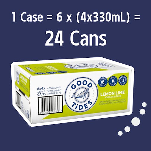 Good Tides Hard Seltzer Lemon Lime, Zero Sugar, Low Calorie, Refreshing Spritzed Drink, 4.3% ABV, 330mL (Case of 24 Cans)