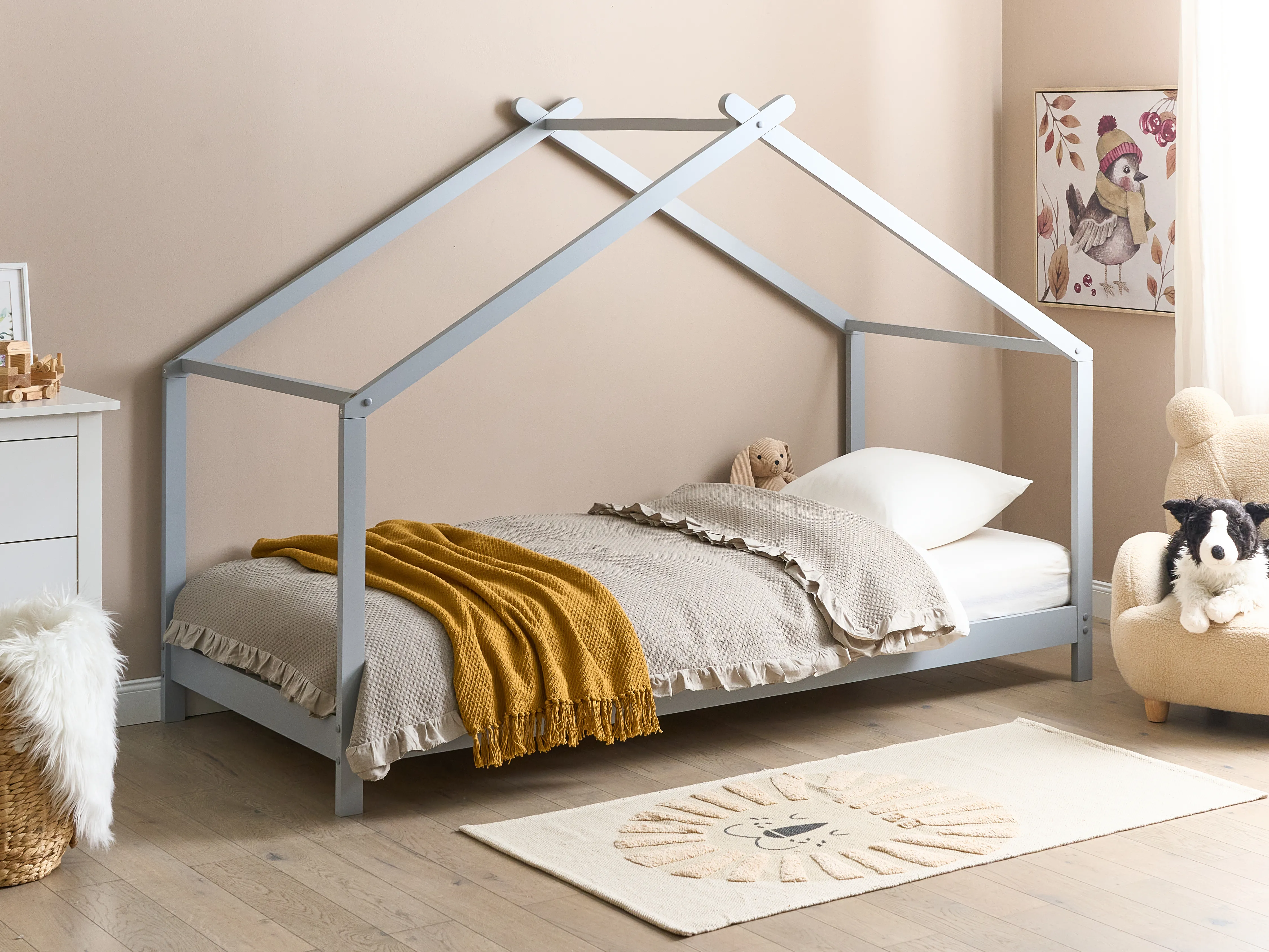 Kids Bed House Pine Wood ORLU 90 x 200 cm (EU Single) Grey