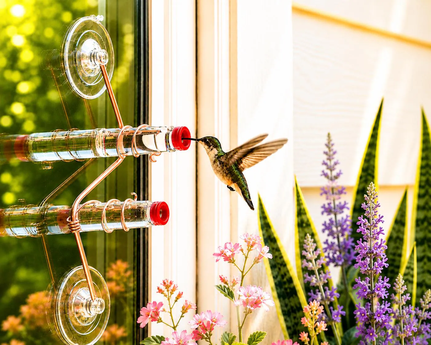 Window Hummingbird Feeder, Geo Feeder, Handmade Copper, Glass, Modern, Bird Lover Gift