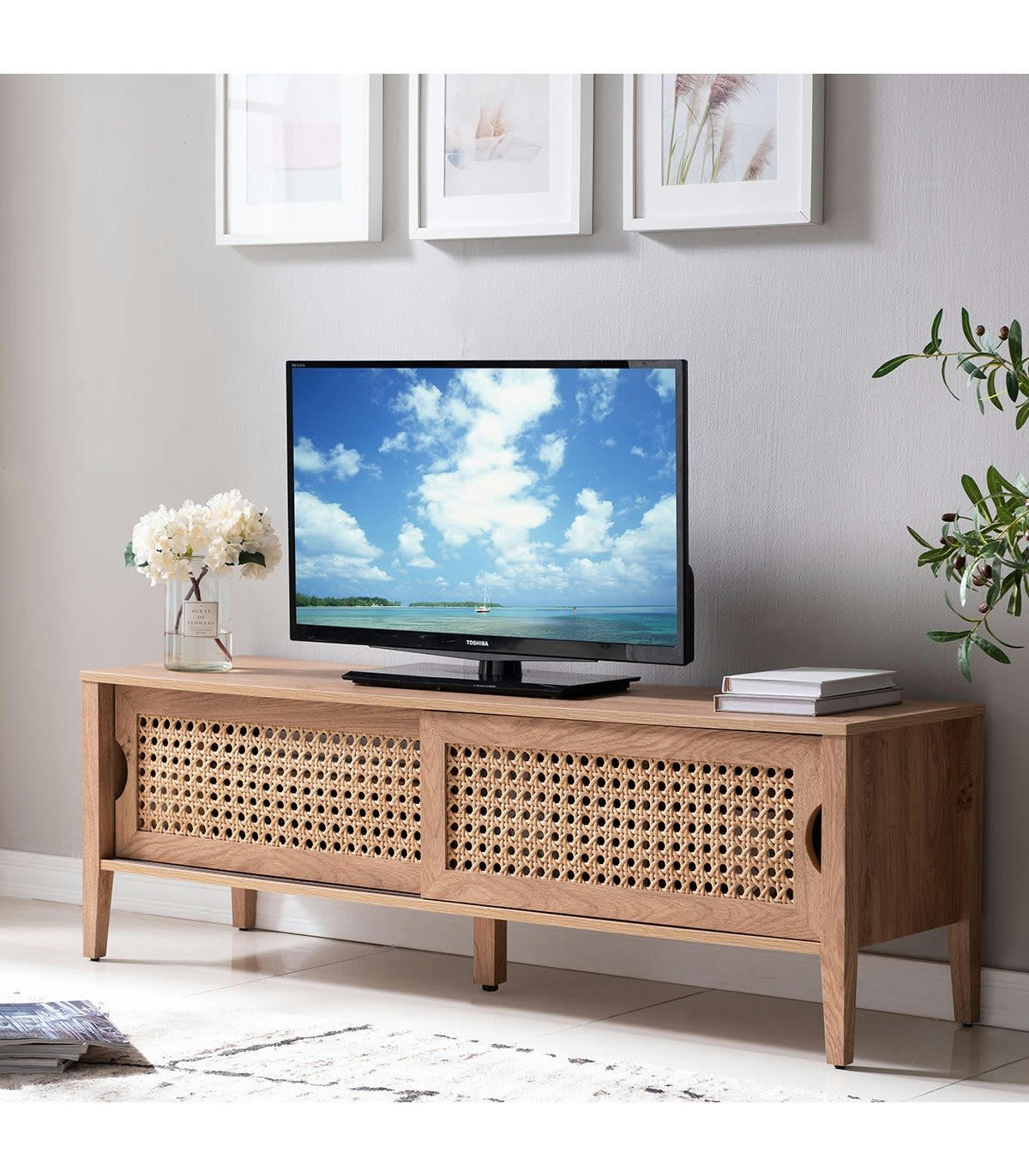 - Meuble TV avec 2 Portes Coulissantes Décor Rotin - L138 cm
