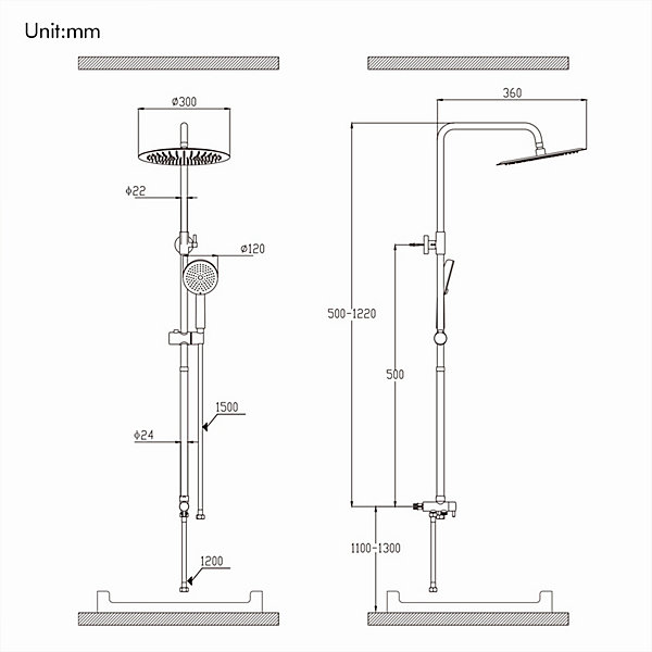 Colonne de Douche Sans Mitigeur Systeme de Douche Effet Pluie Douchette 3 Fonctions Hauteur Reglable 500 a 1220 mm Inox Noir