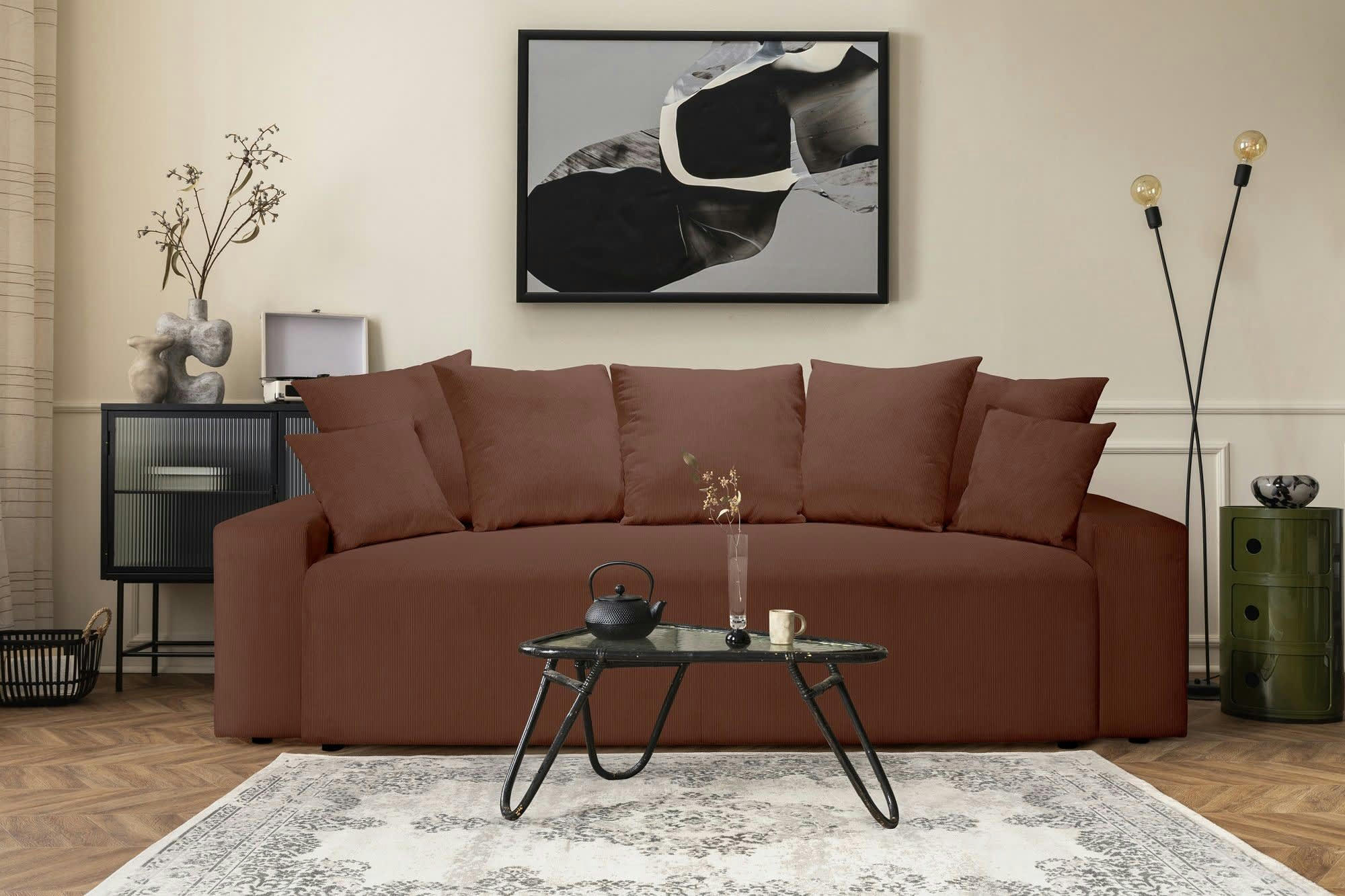 ARTHUR - Canapé droit convertible 3 places  en velours côtelé terracotta