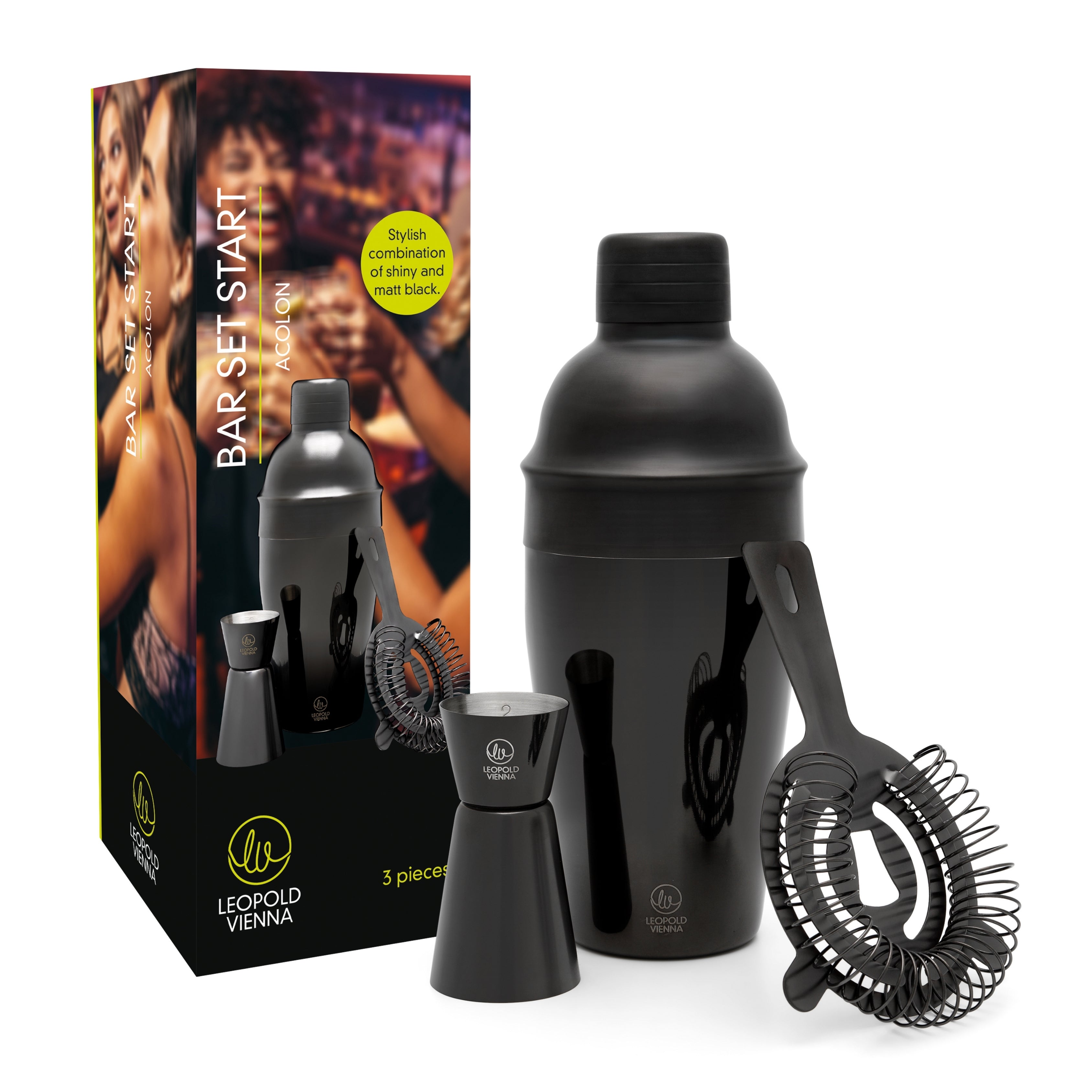 Leopold Vienna - Cocktail set Acolon 3-delig zwart (cocktail shaker, strainer, pipet) cadeau giftset