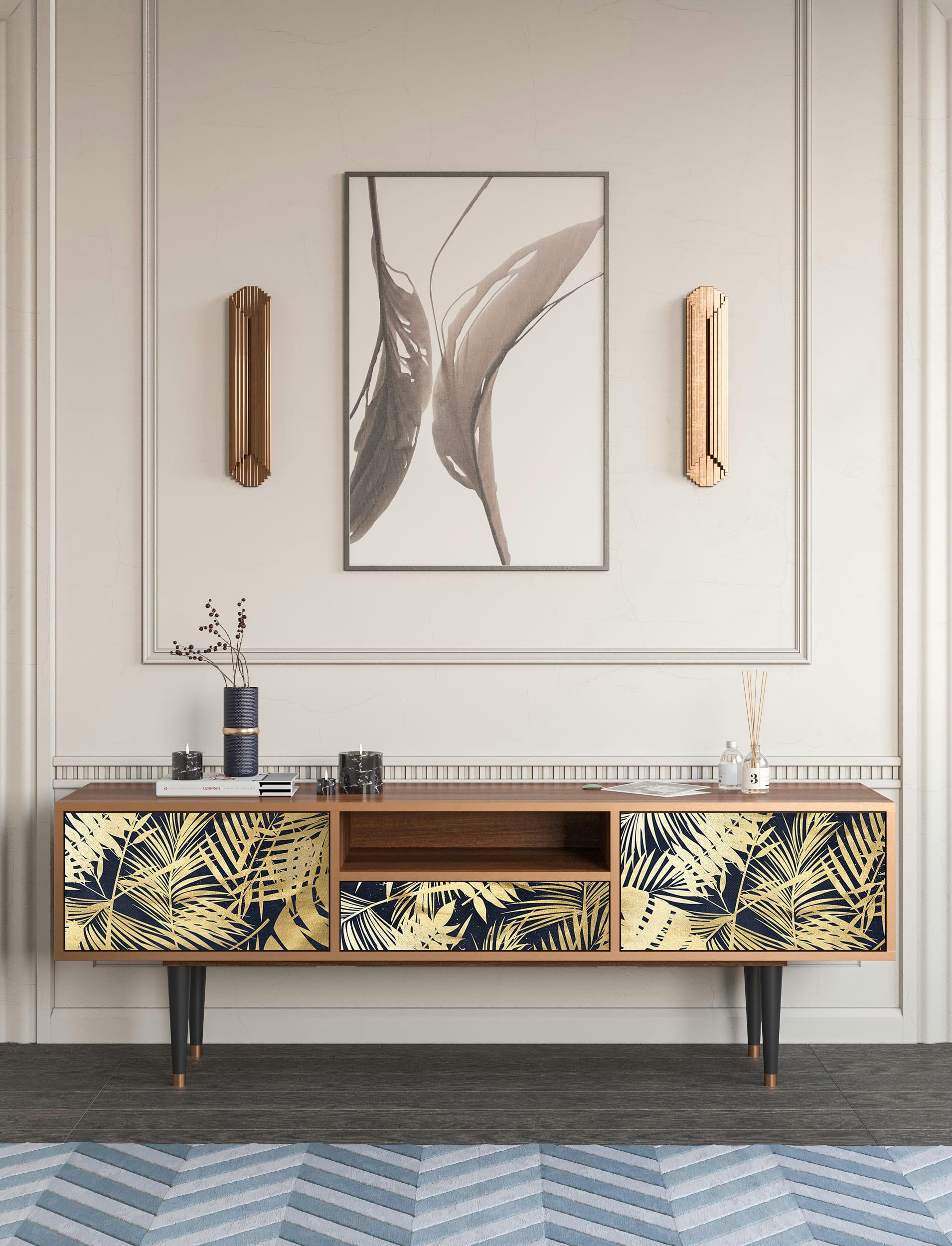 JUNGLE VIBES - Meuble TV  bleu et jaune 1 tiroir et 2 portes L 170 cm