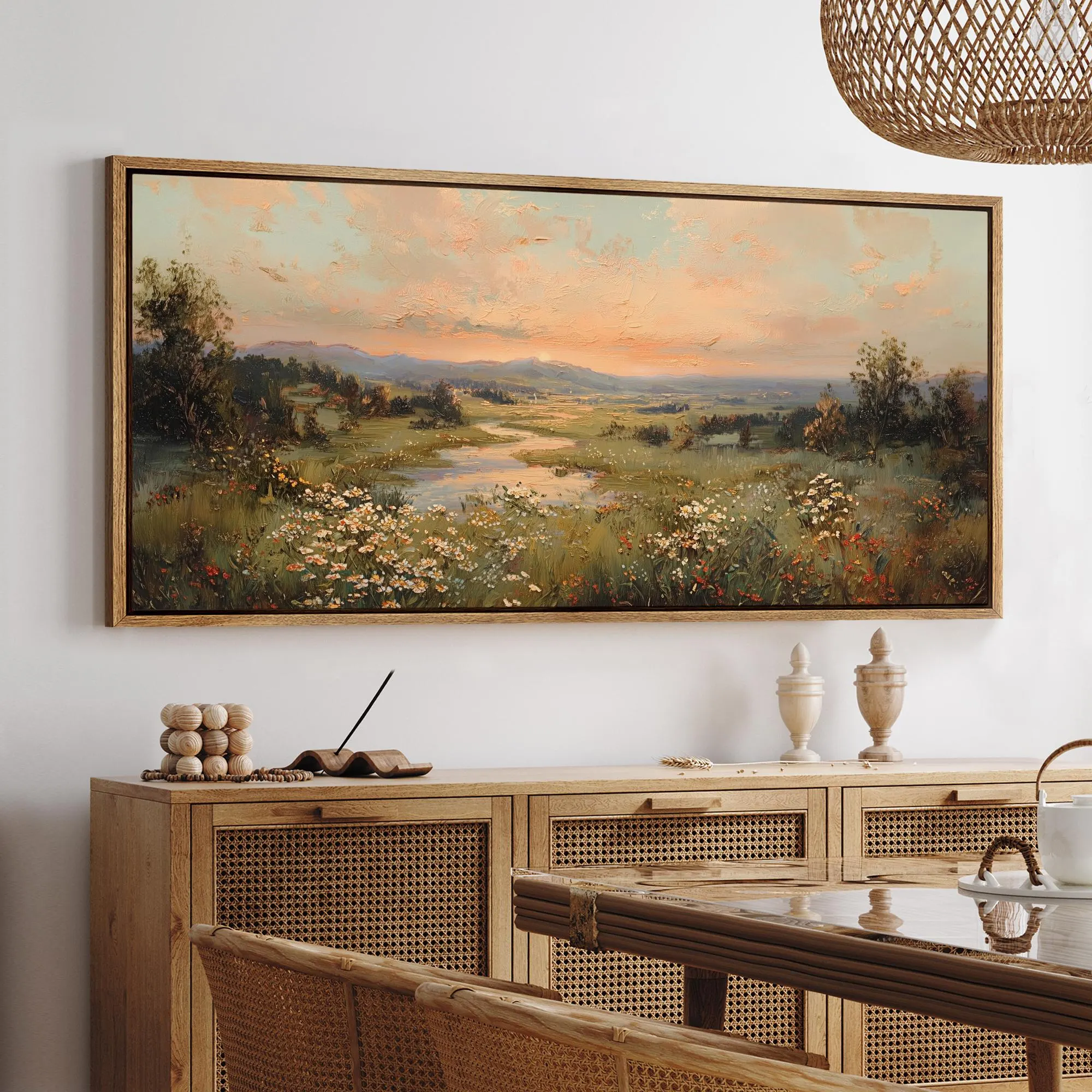 Large Framed Vintage Sunset Landscape Wall Art, Wildflower Meadow River Canvas Print, Romantic Countryside Nature Decor