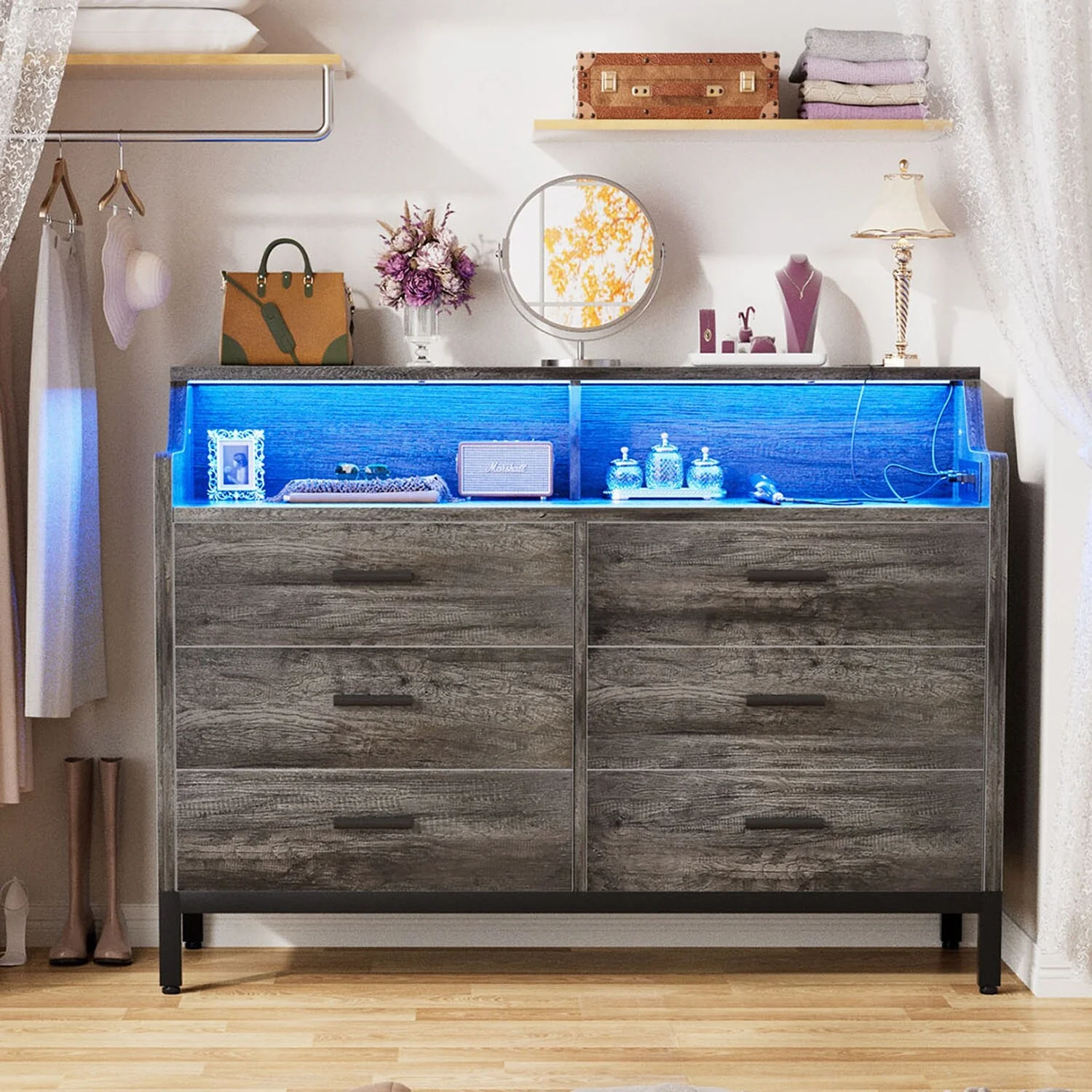Dresser with Charge Station and LED Light, Chest of Drawers Closet Organizer with 6 Drawers