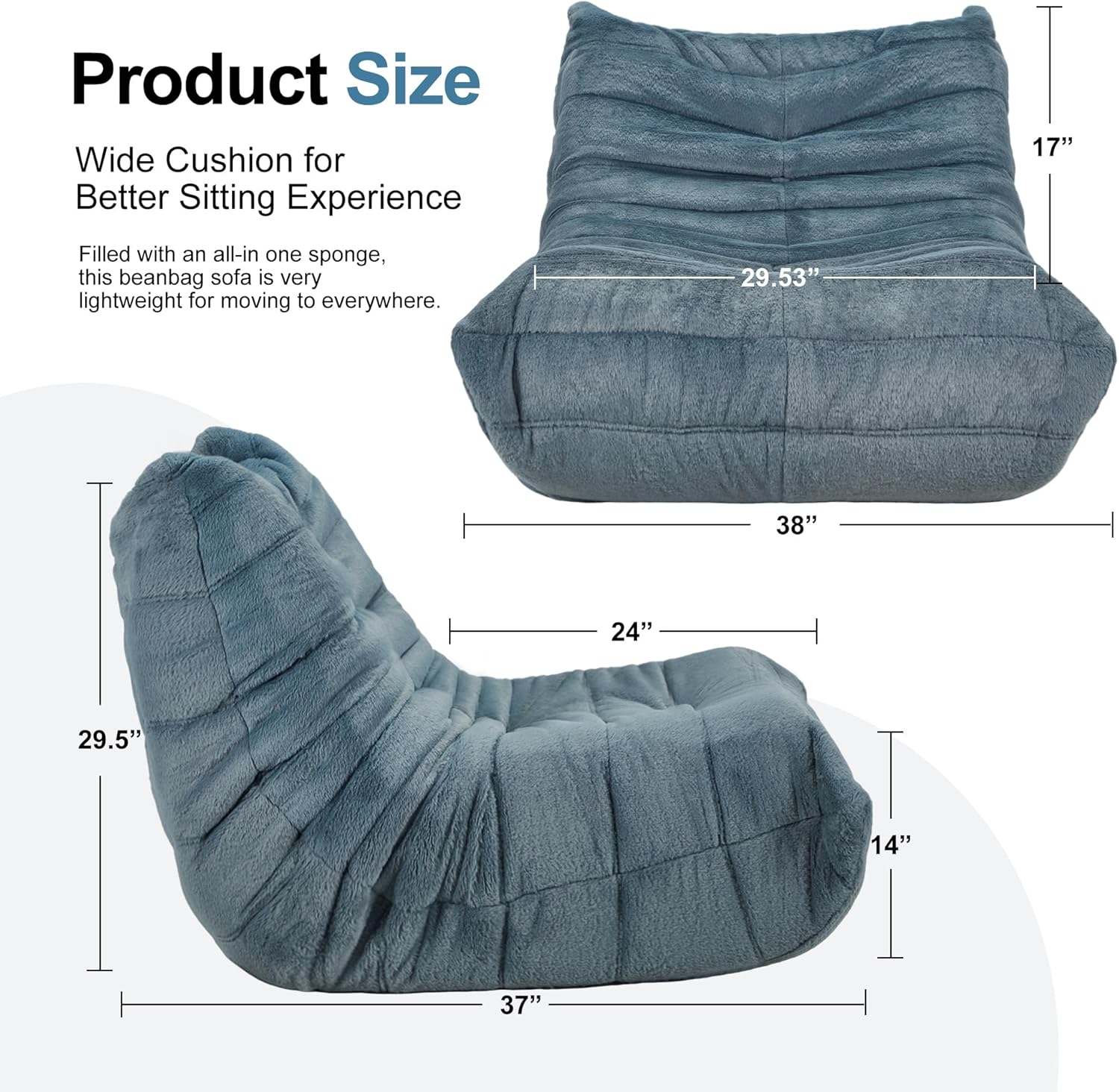 Bean Bag Chairs for Adults Giant Bean Bag Chair Memory Foam BeanBag Chair Bean Bag Sofa with Filler Faux Fur Fireside Beanbags Lazy Sofa for Living Room Bedroom Office (Bluegrey Plush, Single)