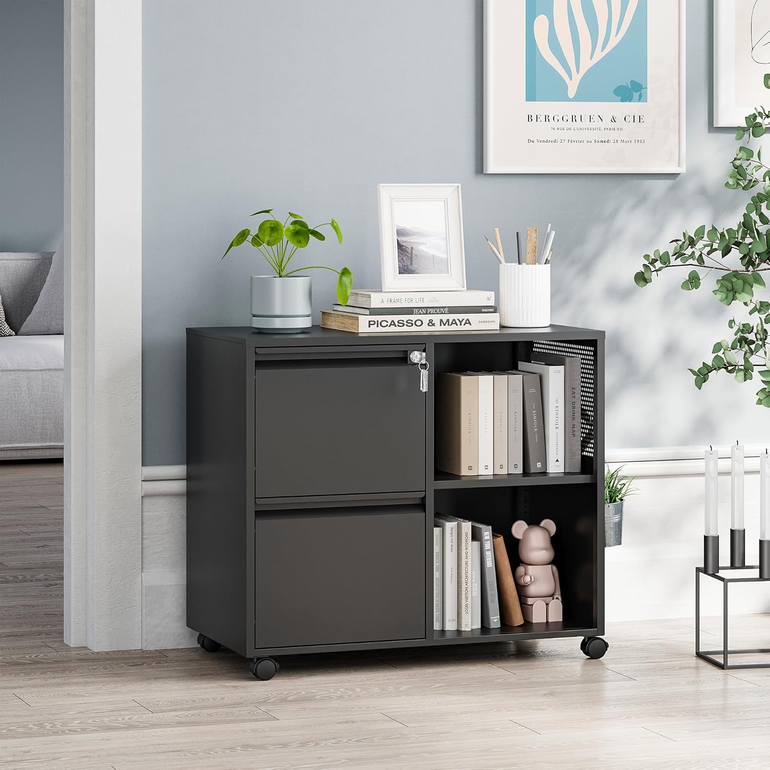 MIIIKO 2 Drawer File Cabinet on Wheels, Metal Filing Cabinets with Shelf, Home Office Mobile File Cabinet with Lock, Printer Stand Storage A4, Letter Size File Folders