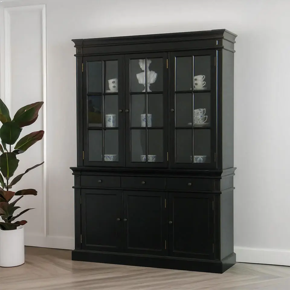 Hioshop Winkelkast buffetkast vitrine met opzet antiek zwart massief hout