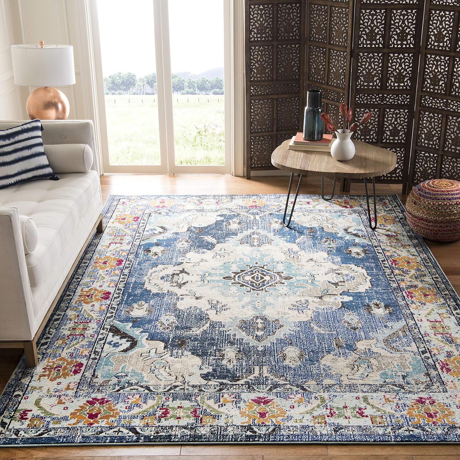 SAFAVIEH Monaco Collection Area Rug - 9' x 12', Navy & Light Blue, Non-Shedding & Easy to Clean, Distressed Medallion Design, Ideal for Living Room, Bedroom, Dining Space (MNC243N)