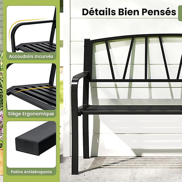 Banc Exterieur Jardin à 2 Places, 127 x 59 x 81 CM, avec Dossier, Accoudoir et Assise Courbée, Design Incliné à Lattes (Noir)