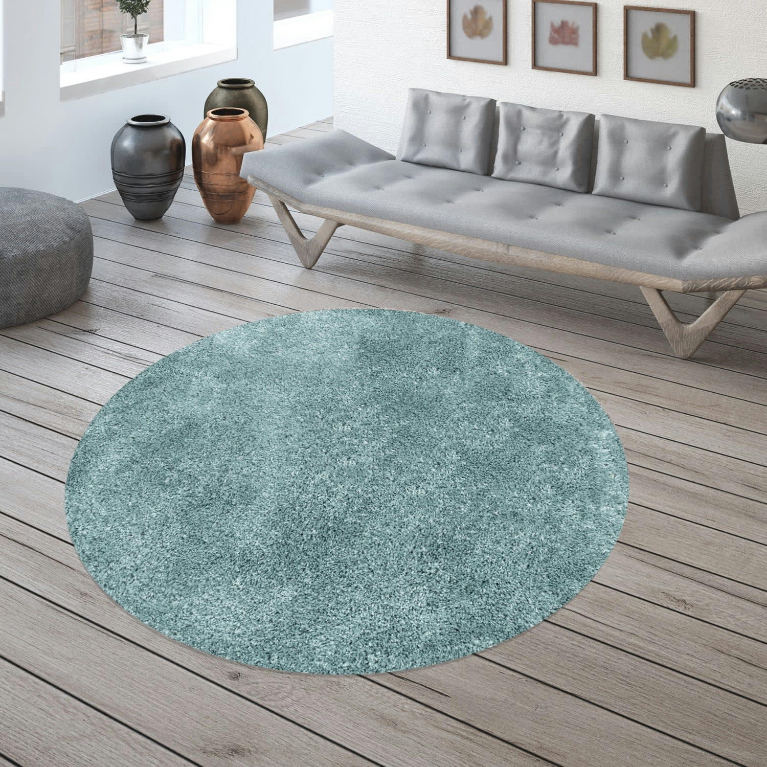 MOELLEUX - Tapis cosy rond à poils longs bleu turquoise 120x120cm