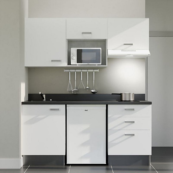 Kitchenette K20 - 180 cm - façades Blanc - Plan monobloc en quartz coloris Nero évier à gauche - Electroménager Blanc