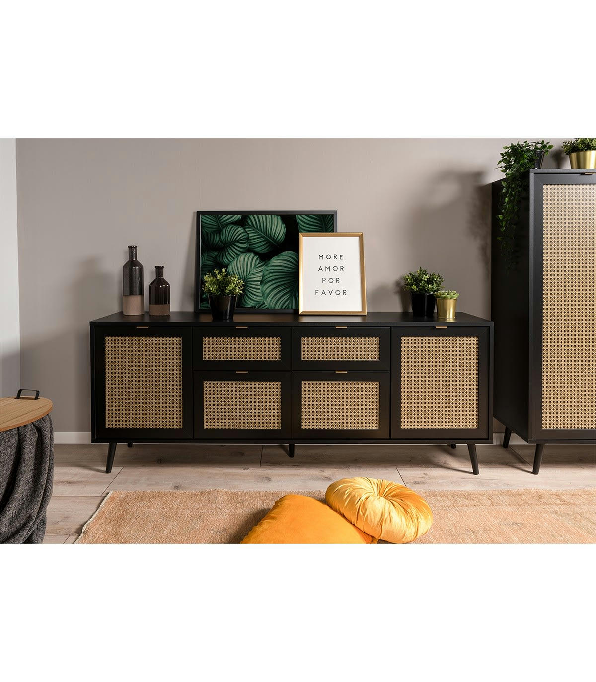 VILLA - Buffet 4 portes 2 tiroirs impression cannage et noir- L180 x H71 cm