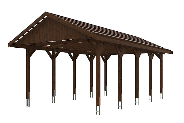 Carport SKAN HOLZ Wallgau 430 x 750 cm, traitement coloré noyer, avec lattis