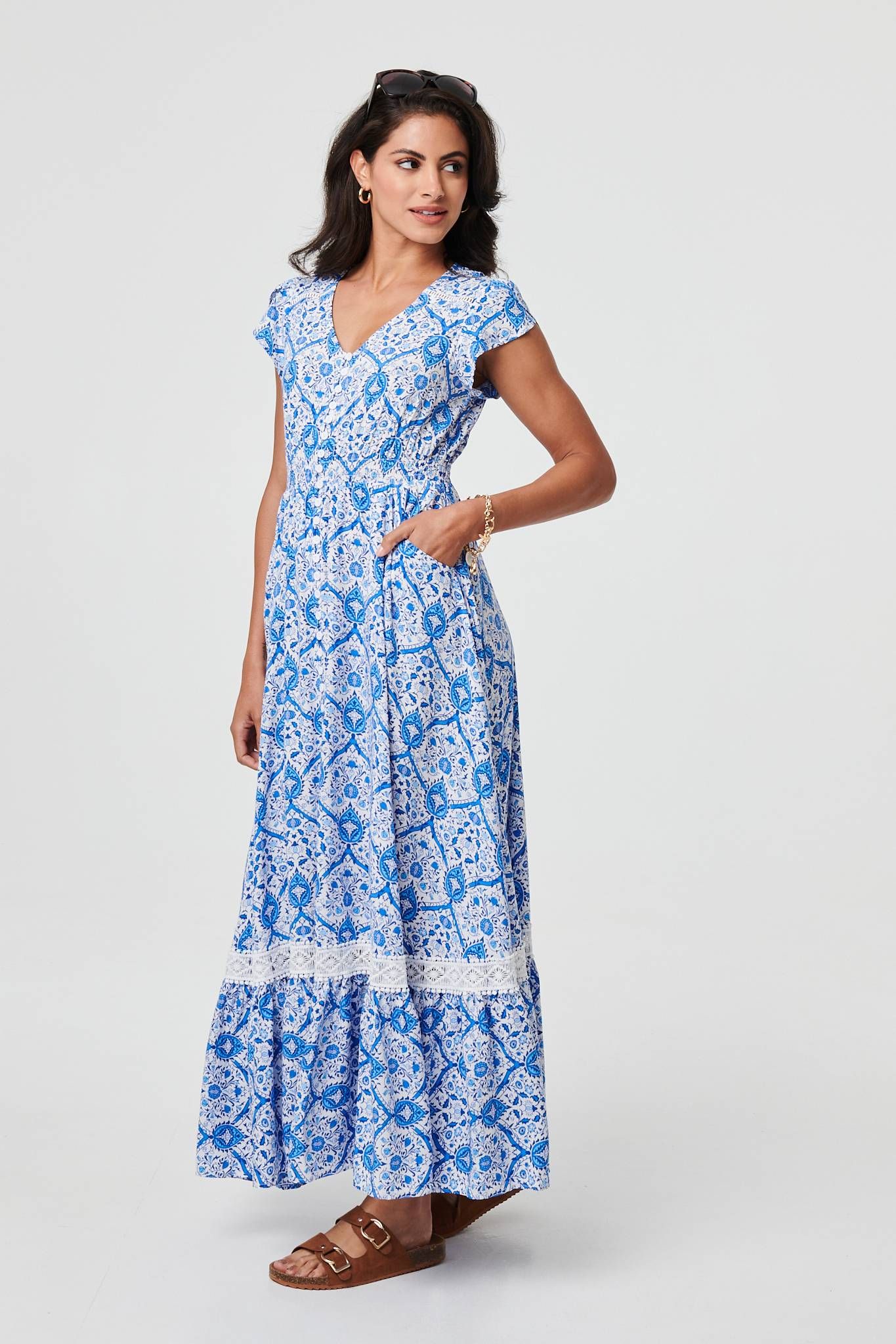 Izabel London Mosaic Print Cap Sleeve Maxi Dress