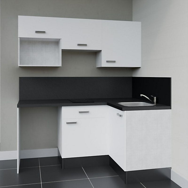 Kitchenette KA03 - 128 cm - Façades : Blanc - Plan de travail : Noir texturé - Crédences : Oui - Evier