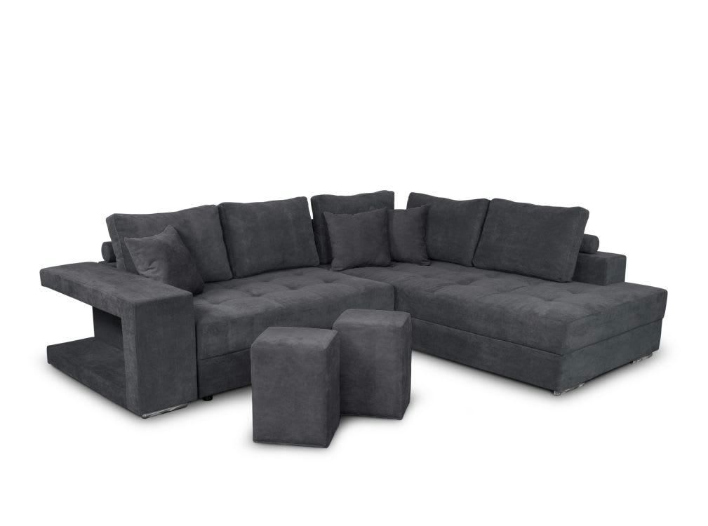 TAMIA - Canapé d'angle convertible avec coffre et 2 poufs -  Gris foncé