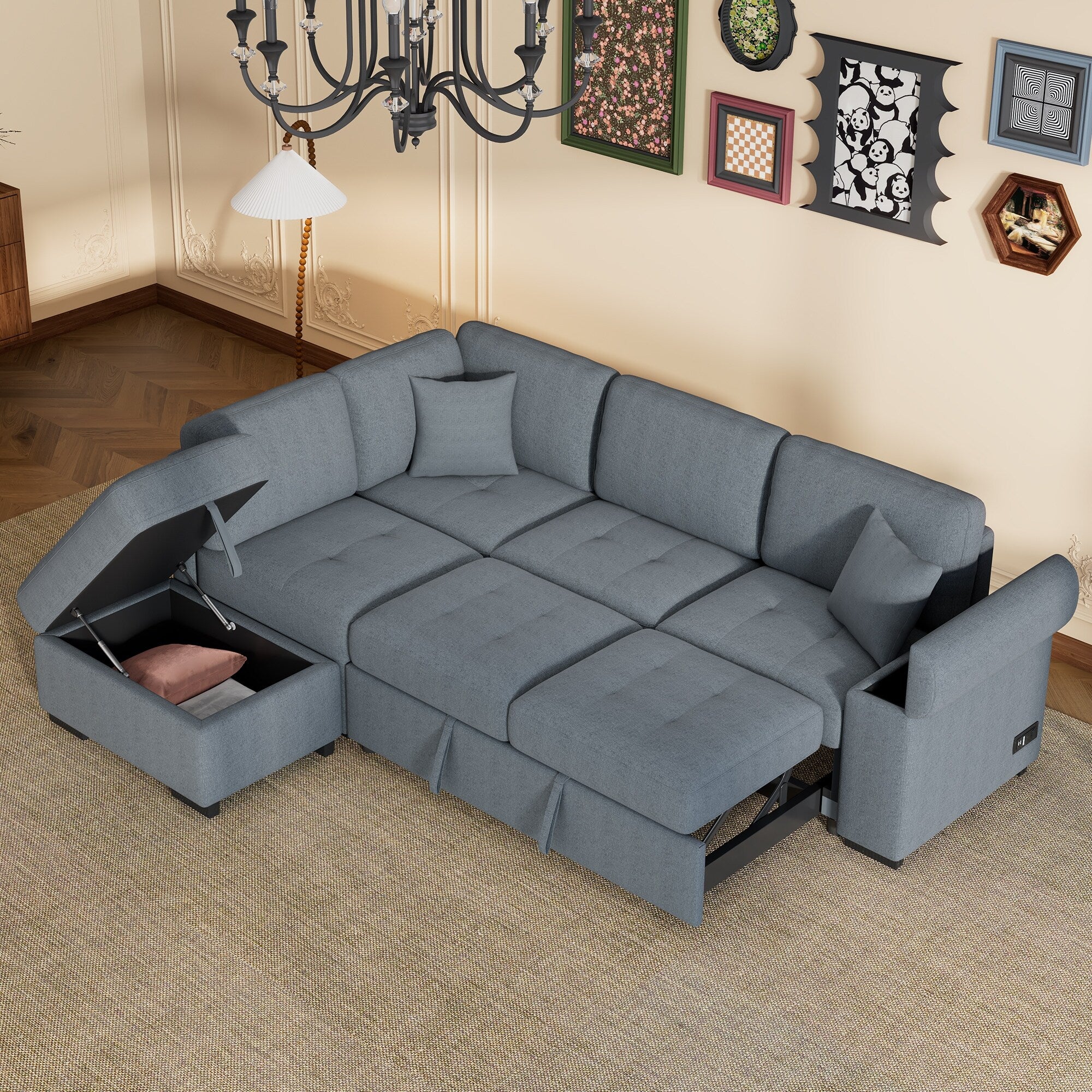 84.75'' L-Shaped 5-Seat Sleeper Sectional Sofa with Storage Ottoman, Hidden Arm Storage, and USB Charging for Living Room
