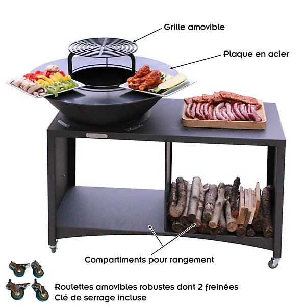 Brasero îlot Avec Plaque Et Grille Amovible En Acier Barbecue Plancha Extérieur diam75 Cm
