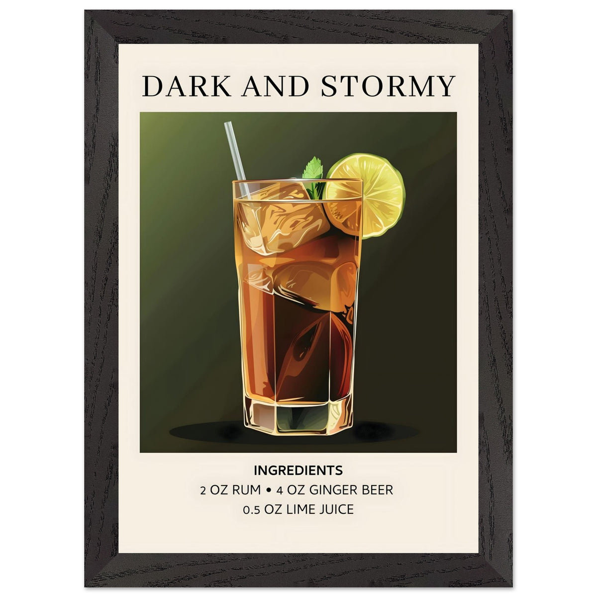 Artfulprints Poster met Lijst Dark and Stormy cocktail - Ingrediënten  - A4 21x29.7 cm - Donkergroen