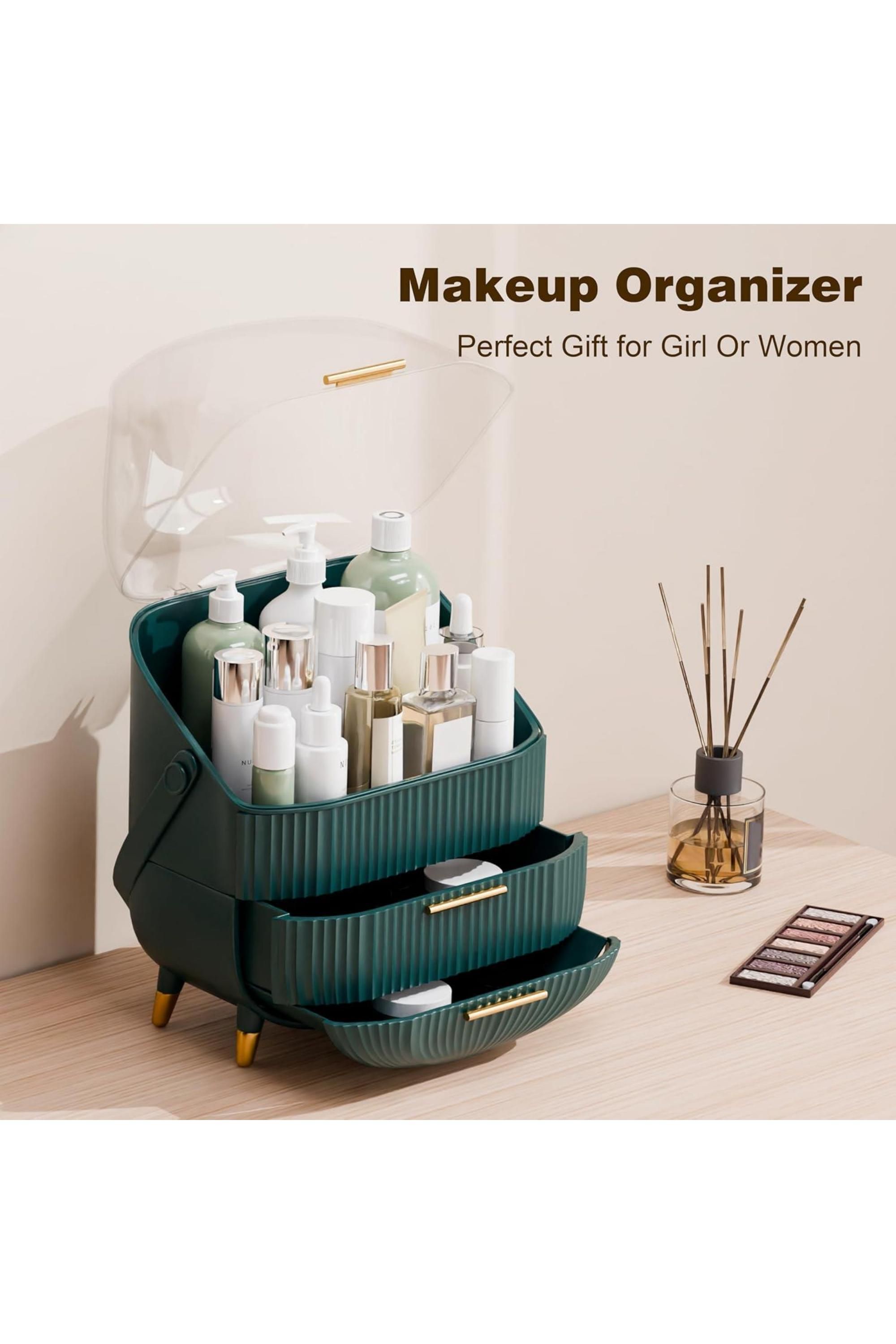 Dyzi Green & Clear Dustproof Makeup Organizer with 2 Drawers & Handle