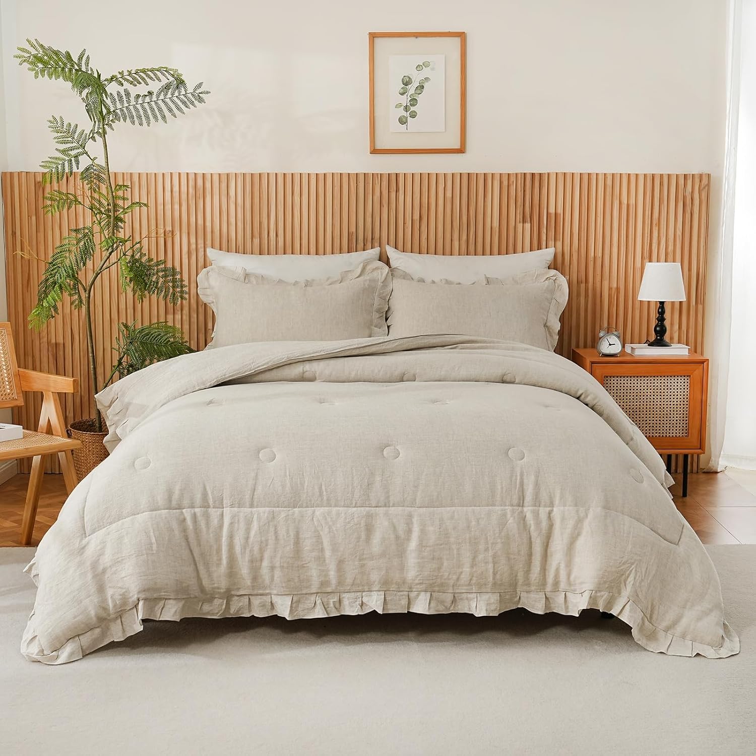 Merryword Linen Ruffled Comforter Set Queen Size 3 Pieces Natural French Flax Linen Bedding Shabby Chic Farmhouse Comforter Soft Breathable Moisture Wicking Bedding Set
