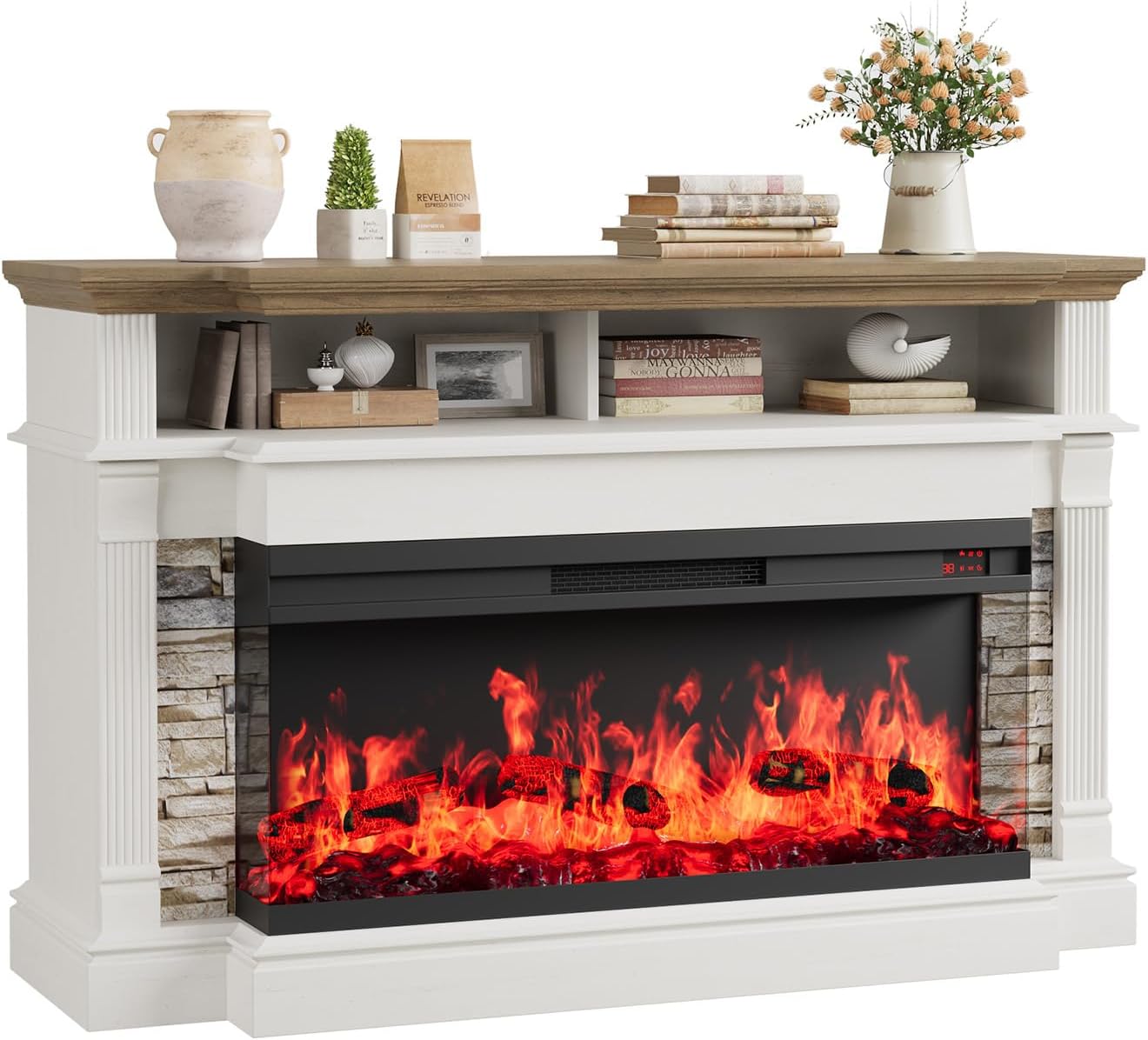 QUW Fireplace TV Stand for TVs up to 65, Farmhouse 52 Fireplace Entertainment Center with 36 3-Side Glass Electric Fireplace, TV Console with Open Storage Shelves for Living Room, Antique White