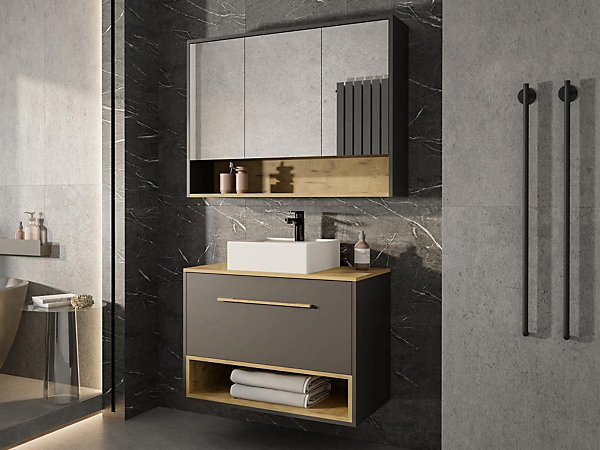 Meuble de salle de bain suspendu anthracite avec vasque à poser et armoire de toilette - 80 cm - YANGRA