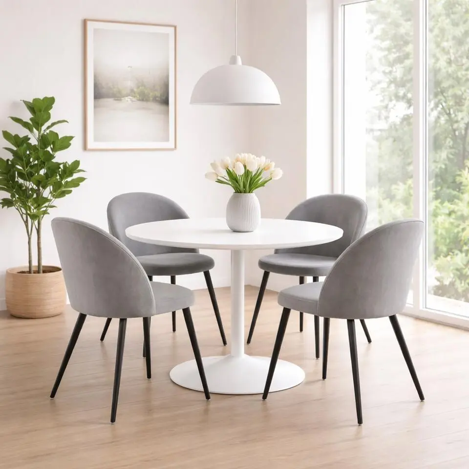 Hioshop Carry eethoek tafel &Oslash;110cm- 4 stoelen velours grijs