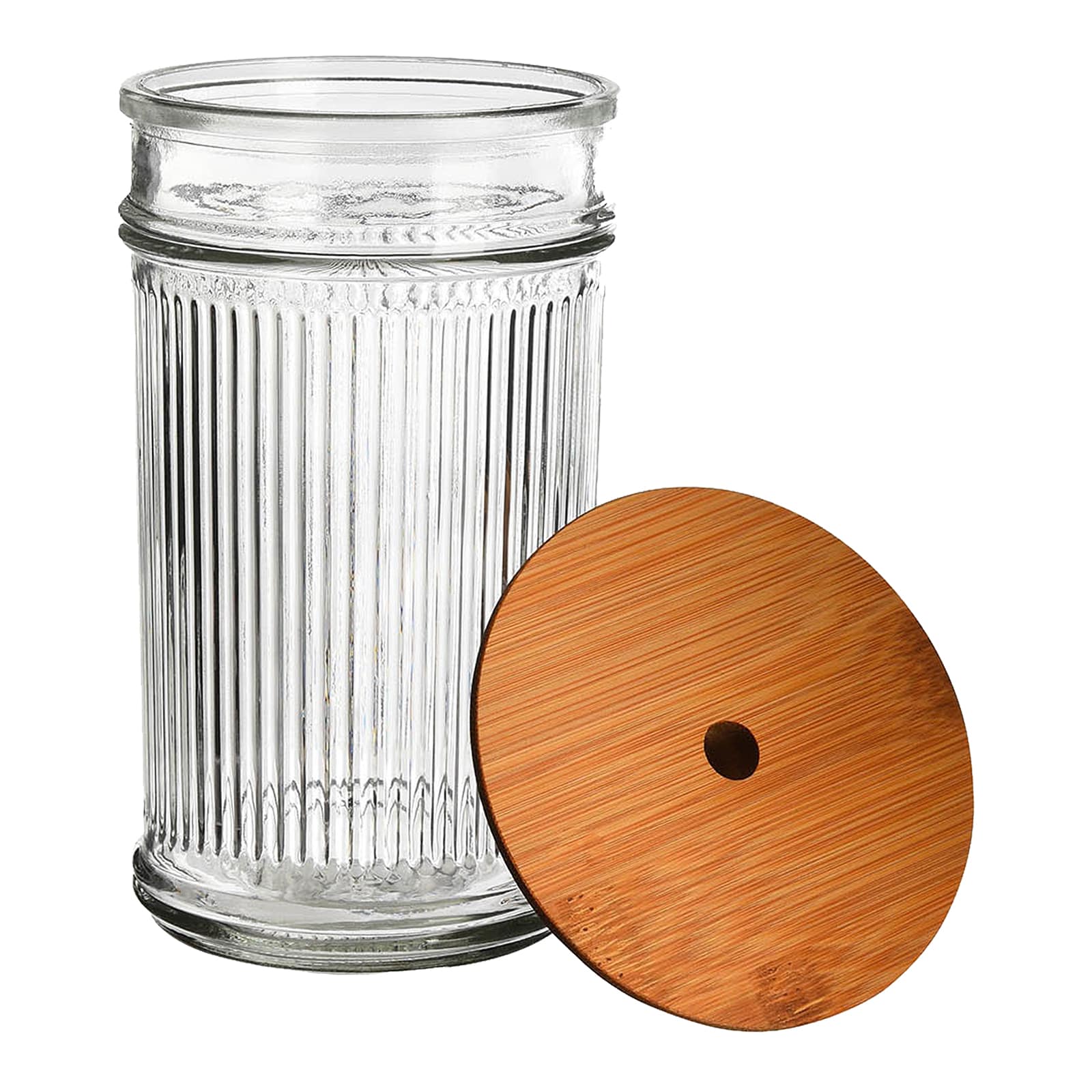 Trinkglas Rib mit Bambus-Deckel Klar, ⌀ 9 cm, H 170 mm