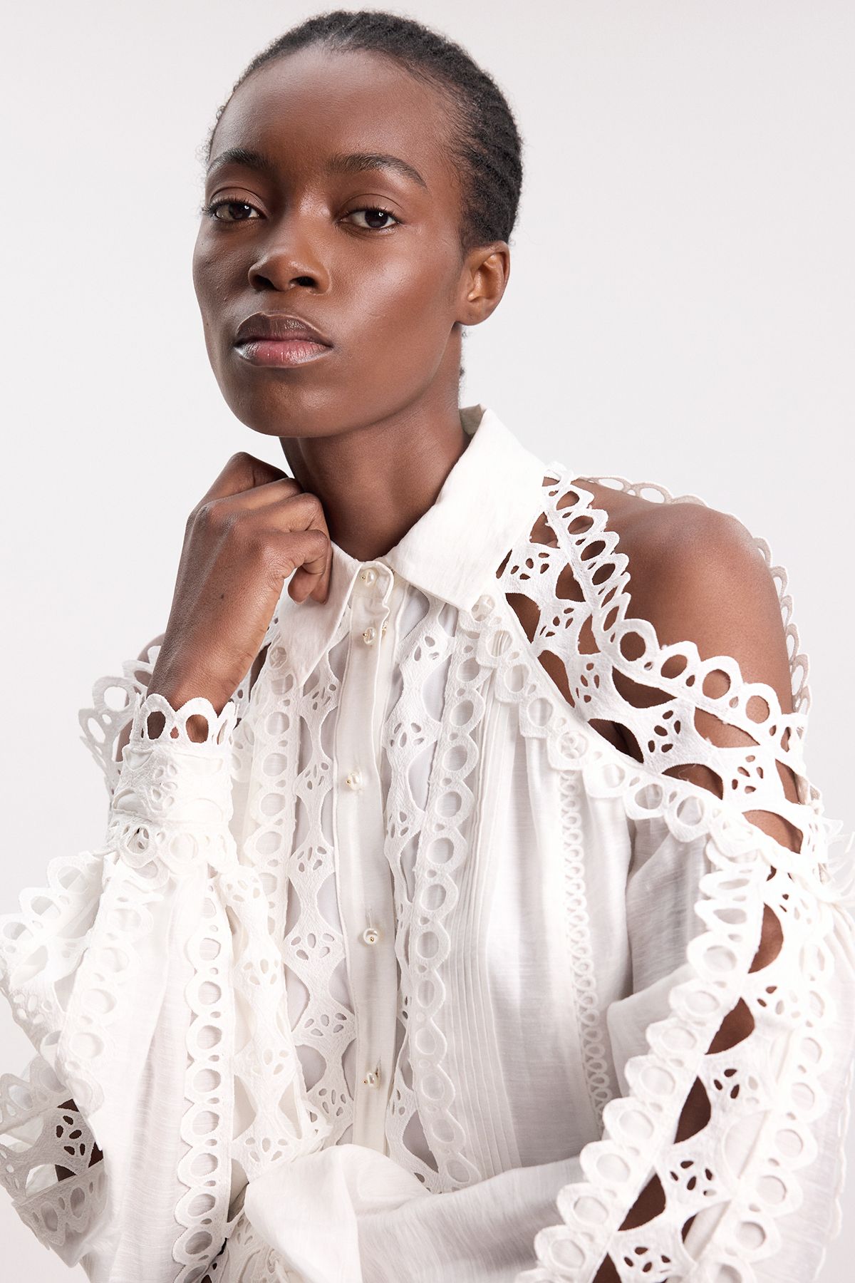 KarenMillen Tape Detail Cold Shoulder Woven Blouse