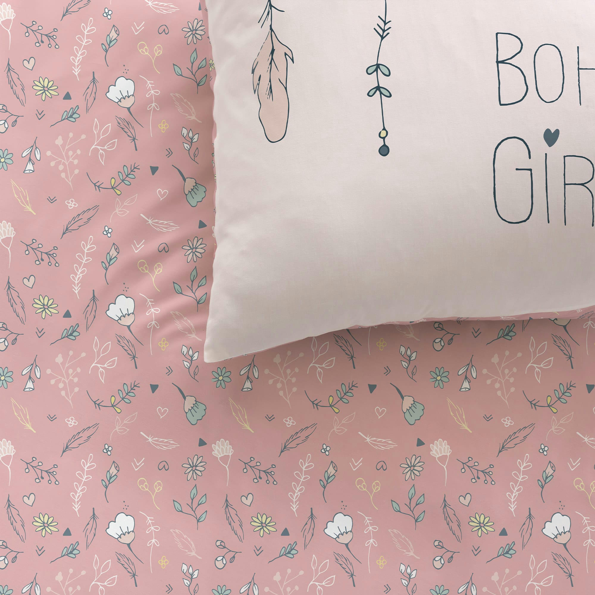 BOHEMIAN - Parure de lit imprimée en coton Rose 140x200+63x63cm