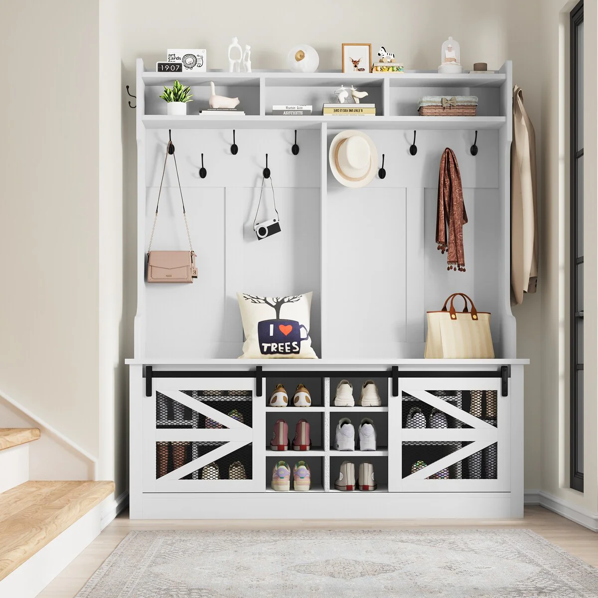 Moasis Modern Farm House Barn Door 3-In-1 Hall Tree - 59L x 15.3W x 68.1H