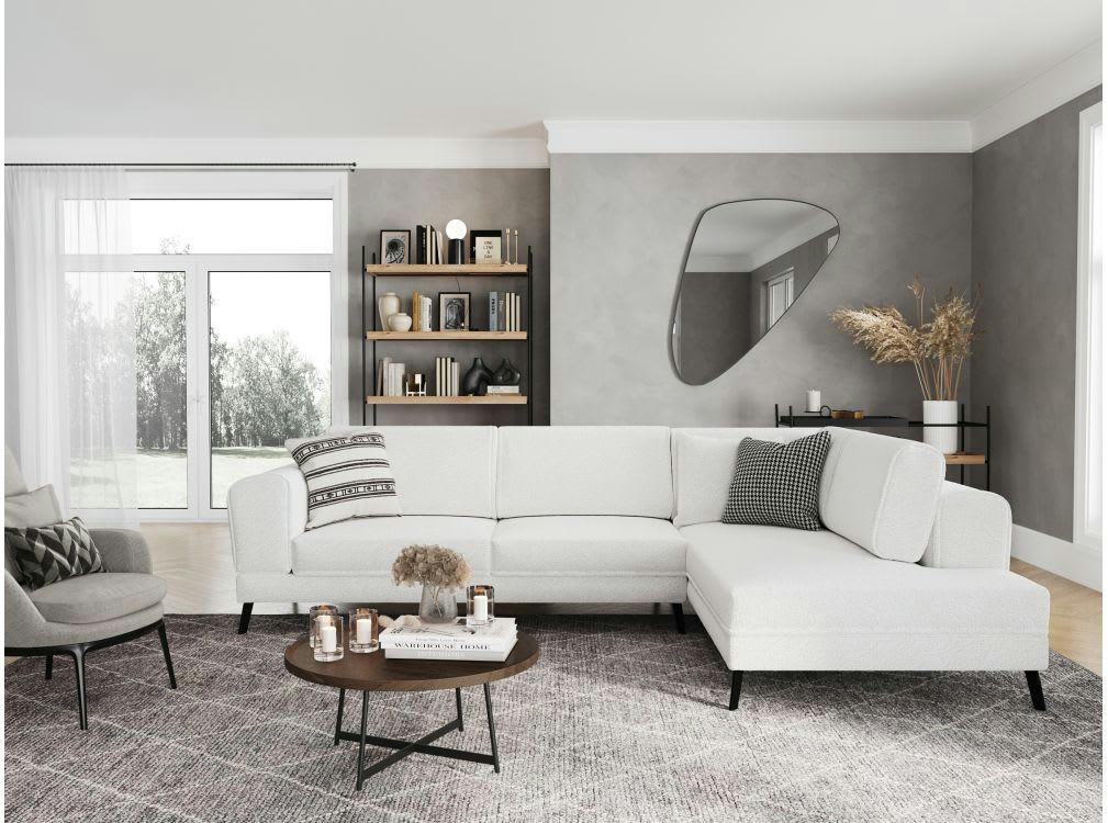 INDIA - Canapé d'angle droit convertible 2 coffres - tissu bouclette - Blanc