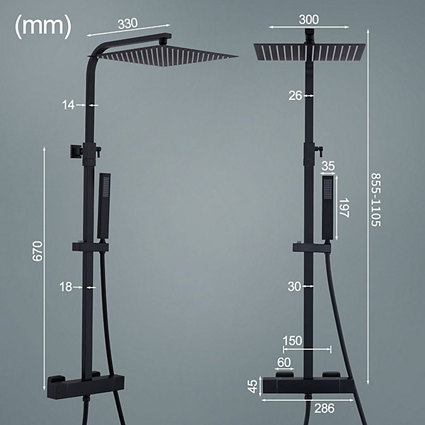 Colonne de Douche Thermostatique Noir Ensemble de Douche Corps en Laiton Hauteur Réglable 855-1105mm Système de Douche