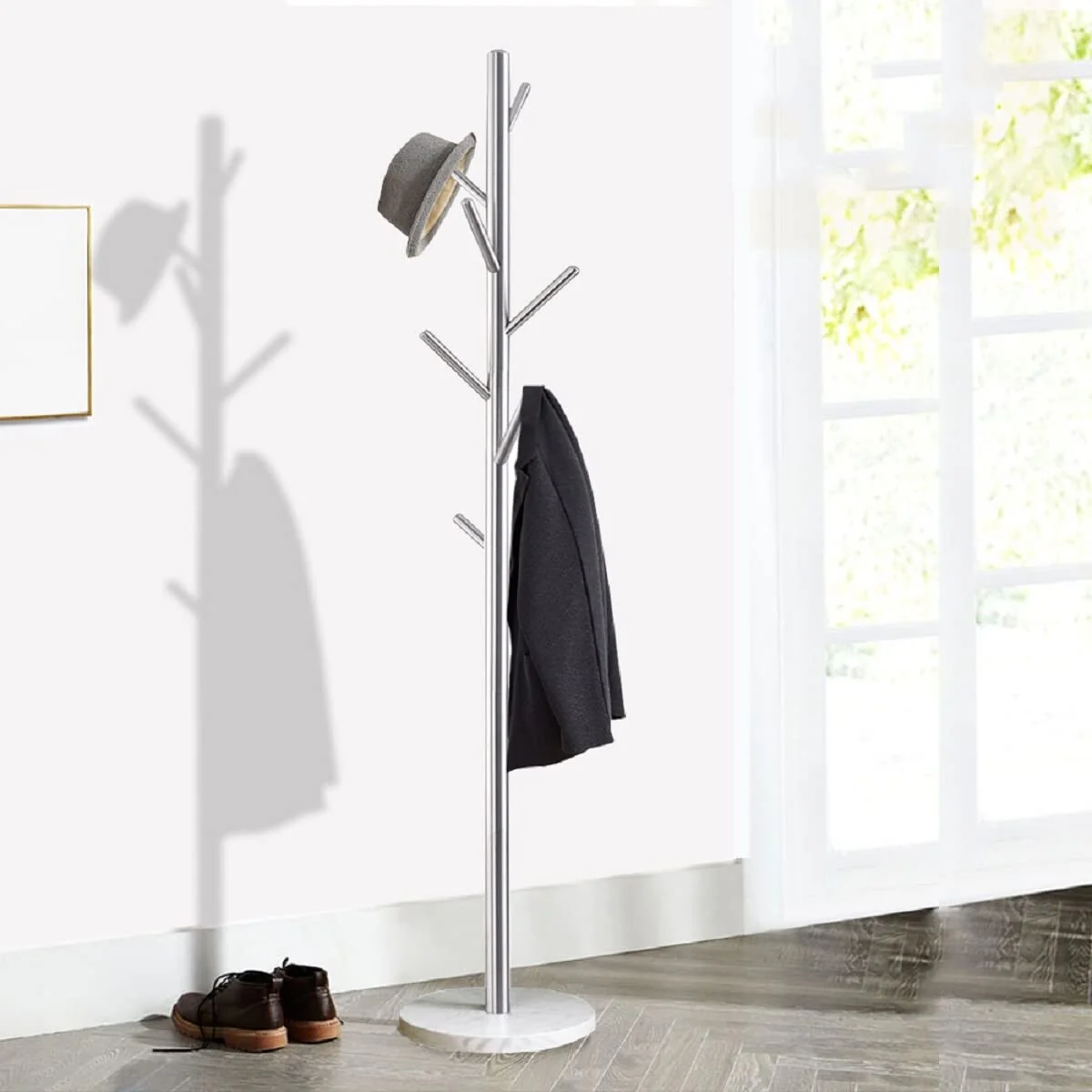 Metal Coat Rack Stand Satin Steel Finish Stable Marble Base, High-Grade with Hooks Metal Tree Hat & Coat Hanger Floor