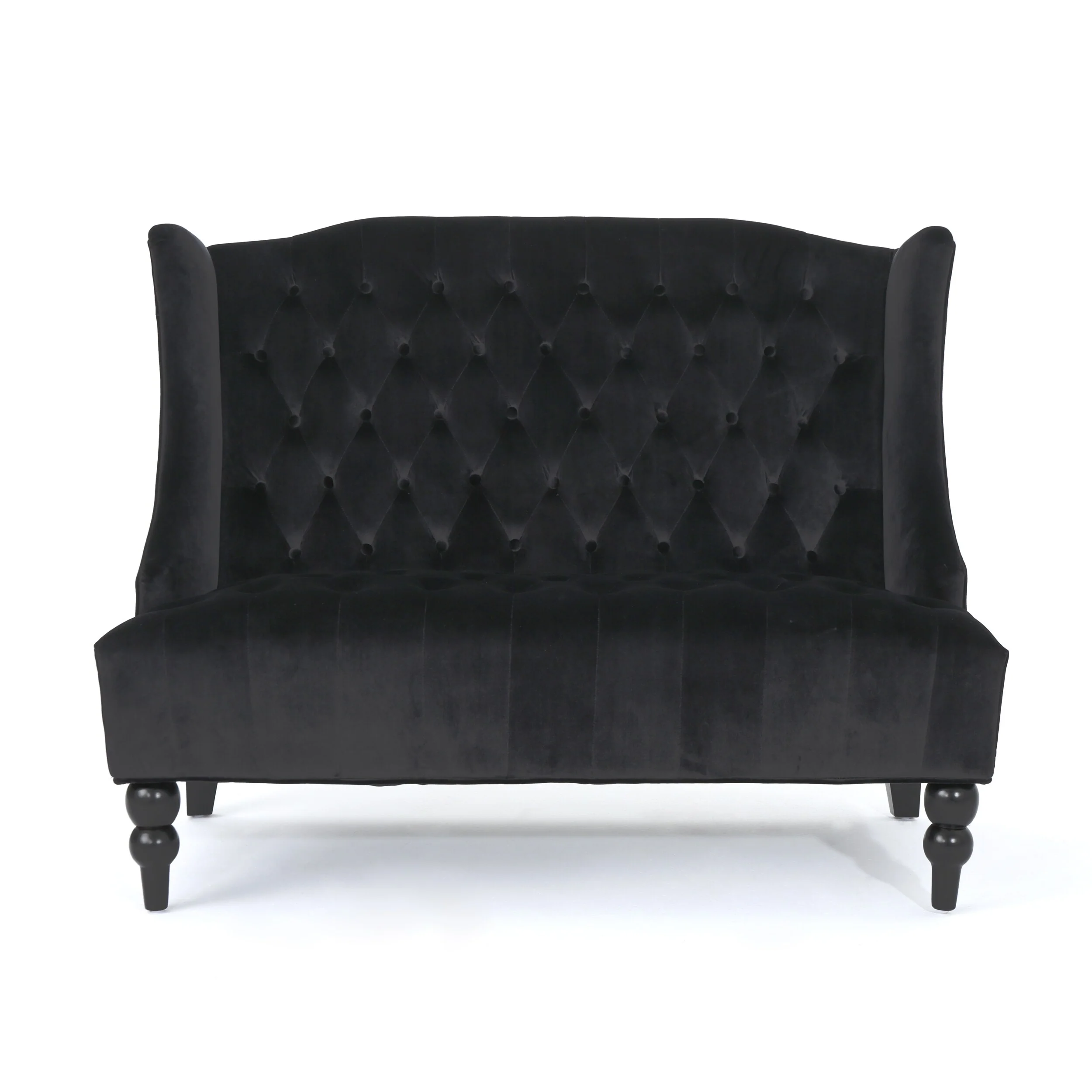 Black 50.25 Velvet Button Tufted High Wingback Loveseat Sofa with Wood Legs for Living Room