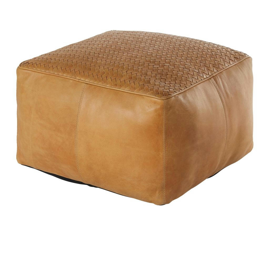 - Pouf en cuir de buffle camel tressé