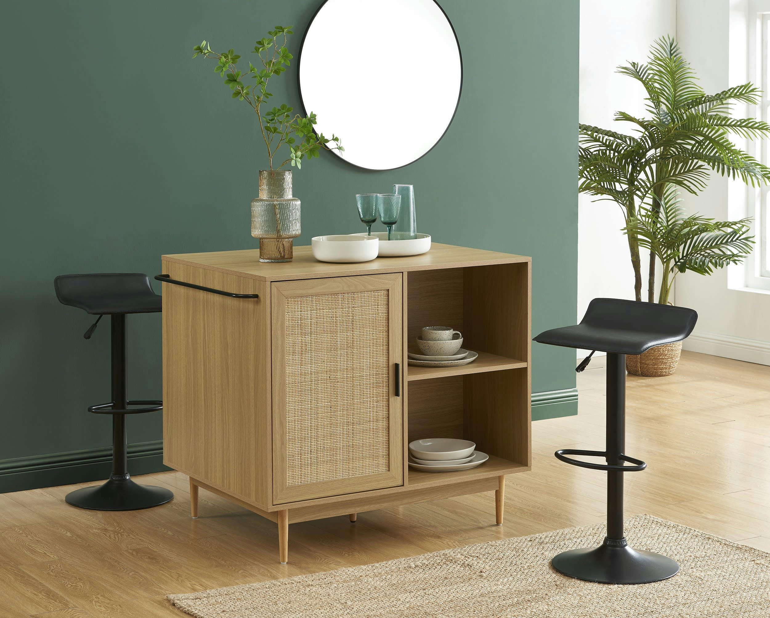 AMANA - Ilot central  effet chêne et cannage rotin 100cm