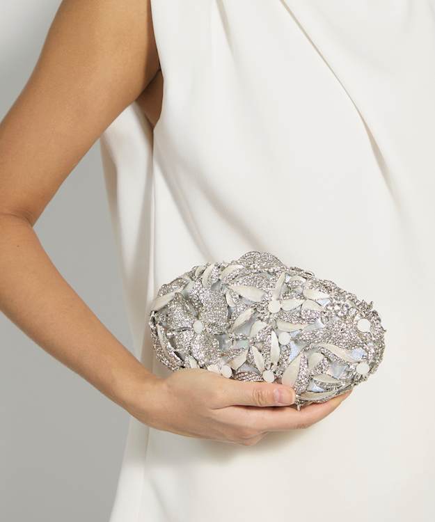 Brides Silver - Silver Embellished Hard Case Clutch Bag