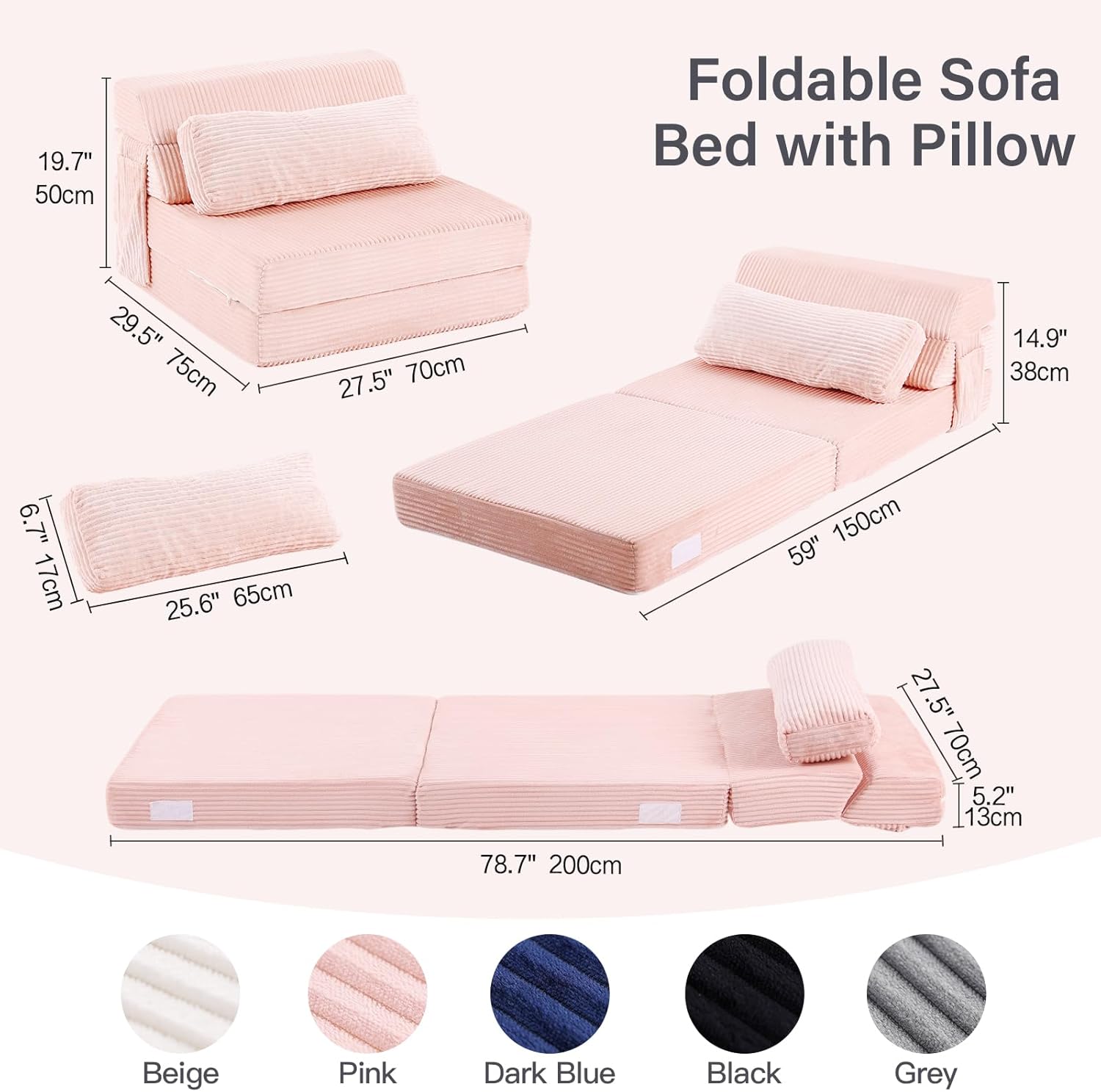Folding Sofa Bed with Pillow, Convertible Sleeper Chair, Comfy Floor Futon Couch Mattress Lounge Sofa for Adults Portable Fold Out Chair Bed for Living Room Bedroom, Single, Pink