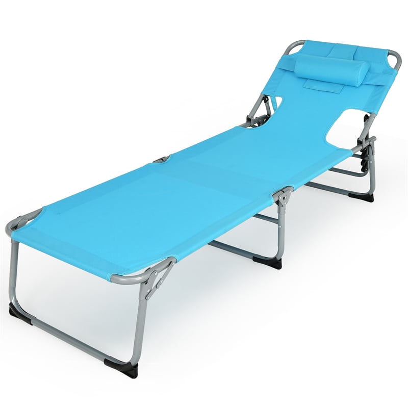 Folding Beach Lounge Chair 5-Position Adjustable Tanning Chair with Pillow for Outdoor