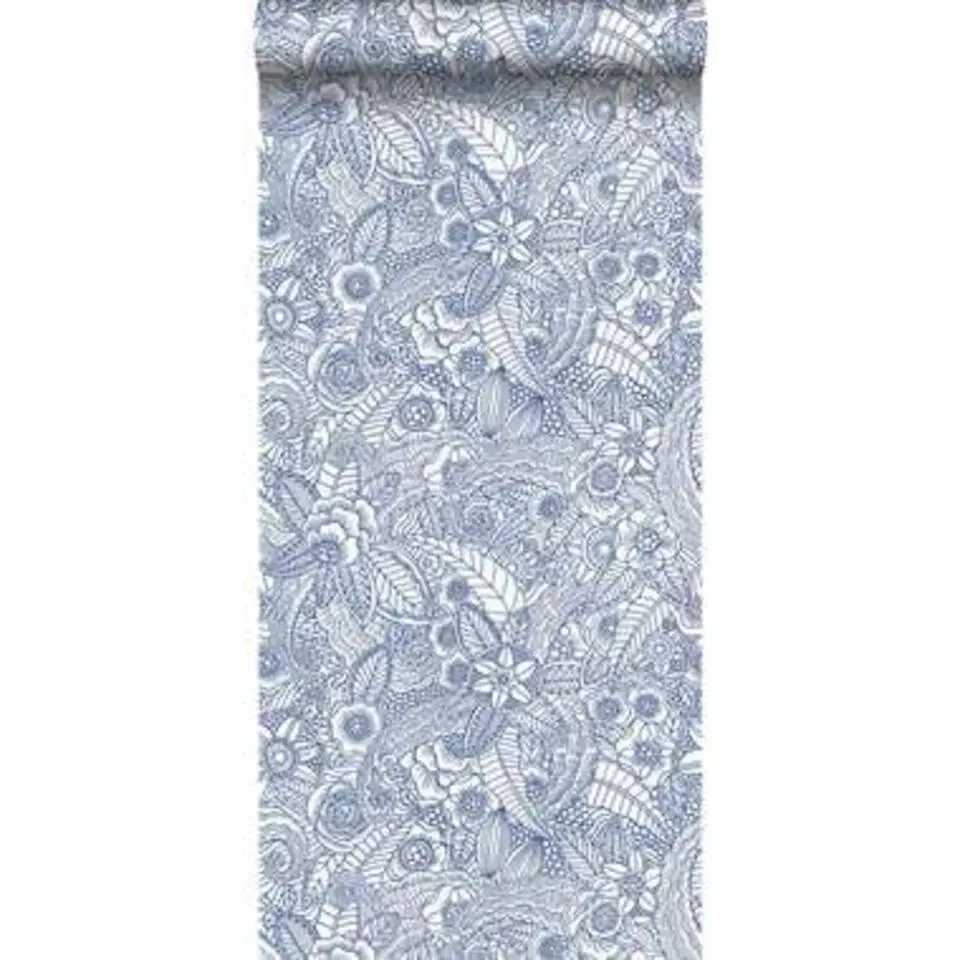 ESTAhome behang - bloemtekeningen - blauw op wit - 53 cm x 10,05 m